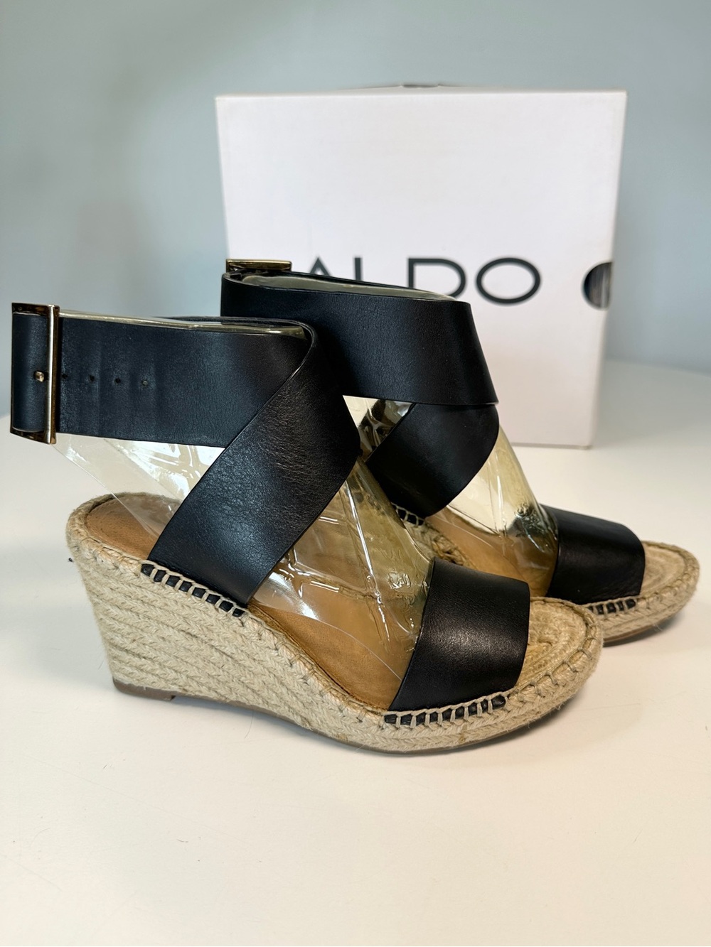 Aldo Black Leather Espadrille Wedge Sandals with Ankle Strap 5 35